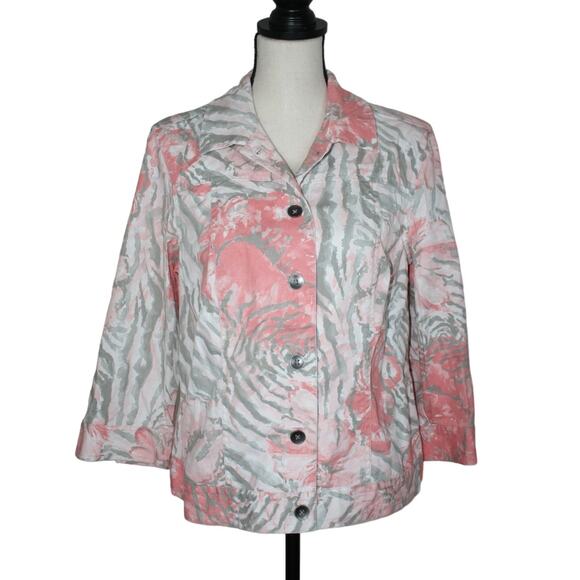 Chico's Women's Jacket Size 1 Cotton Coral Gray Button Up Blazer Casual Comfy - Picture 1 of 7